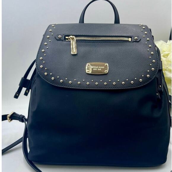MICHAEL KORS Bedford Zip Gold
Studded BLACK Nylon Leather Large
Backpack - Picture 1 of 16